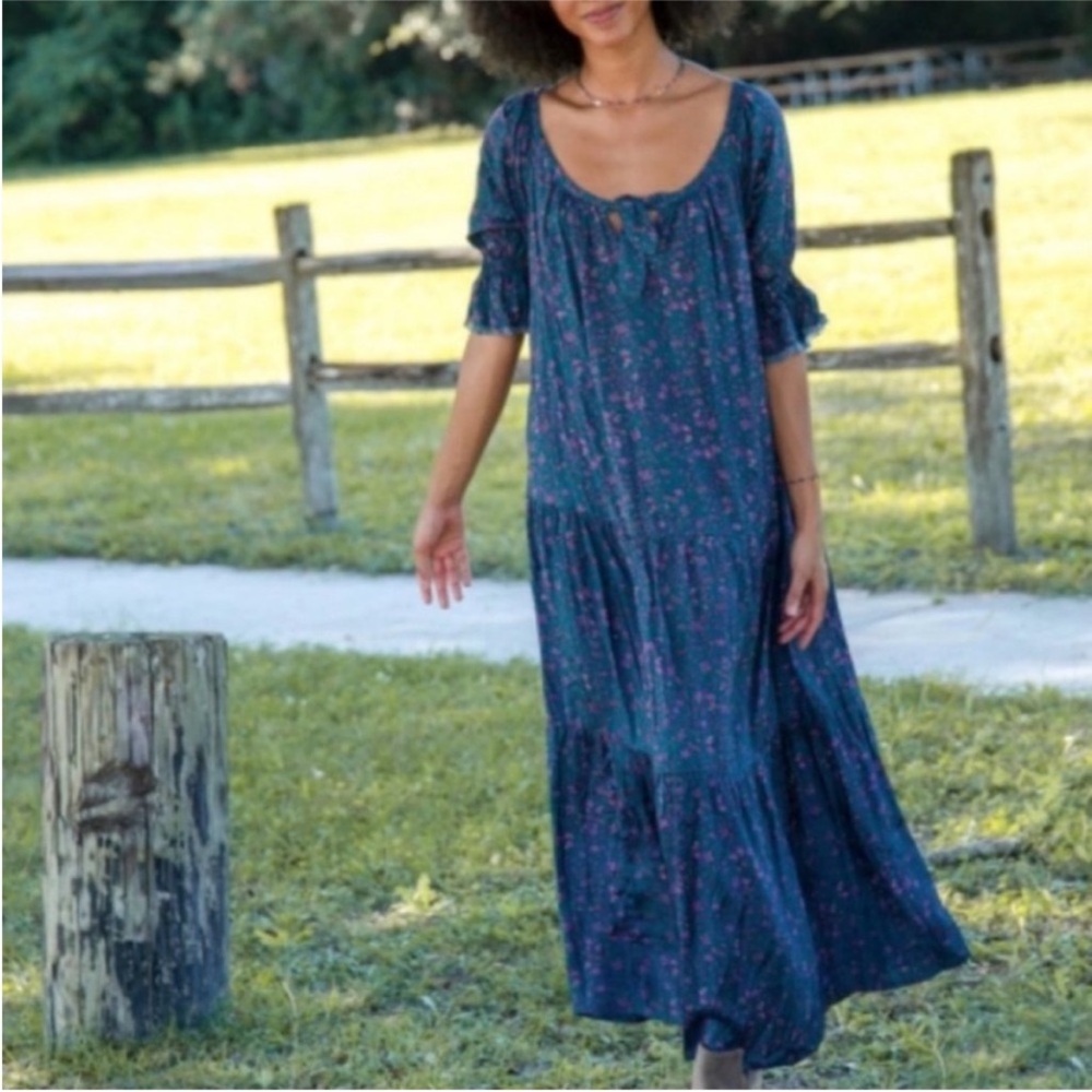 Women's Blue Floral Midi Dress - Lightweight Tiered Summer Dress